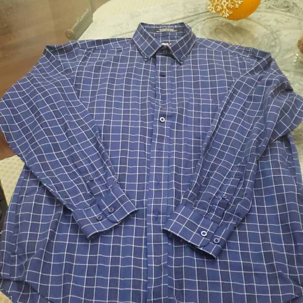 KIRKLAND Signature Plaid Blue Non Iron Dress Shirt